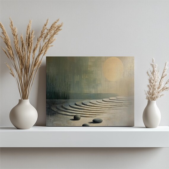 Zen Garden Canvas Wall Art Minimalist Oil Painting With Raked Sand Patterns And Stone Elements In Green Beige For Modern Home Decor