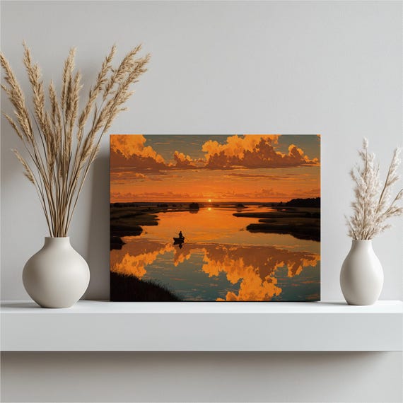 Serene Sunset Boat Canvas Wall Art Tranquil Lake Reflection Marshland Landscape Print Modern Nature Decor Orange Sky Rowboat Silhouette