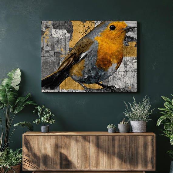 Stunning Robin Bird Canvas Wall Art Rustic Orange Print Nature Illustration Grunge Decor Wildlife Home Gift Animal