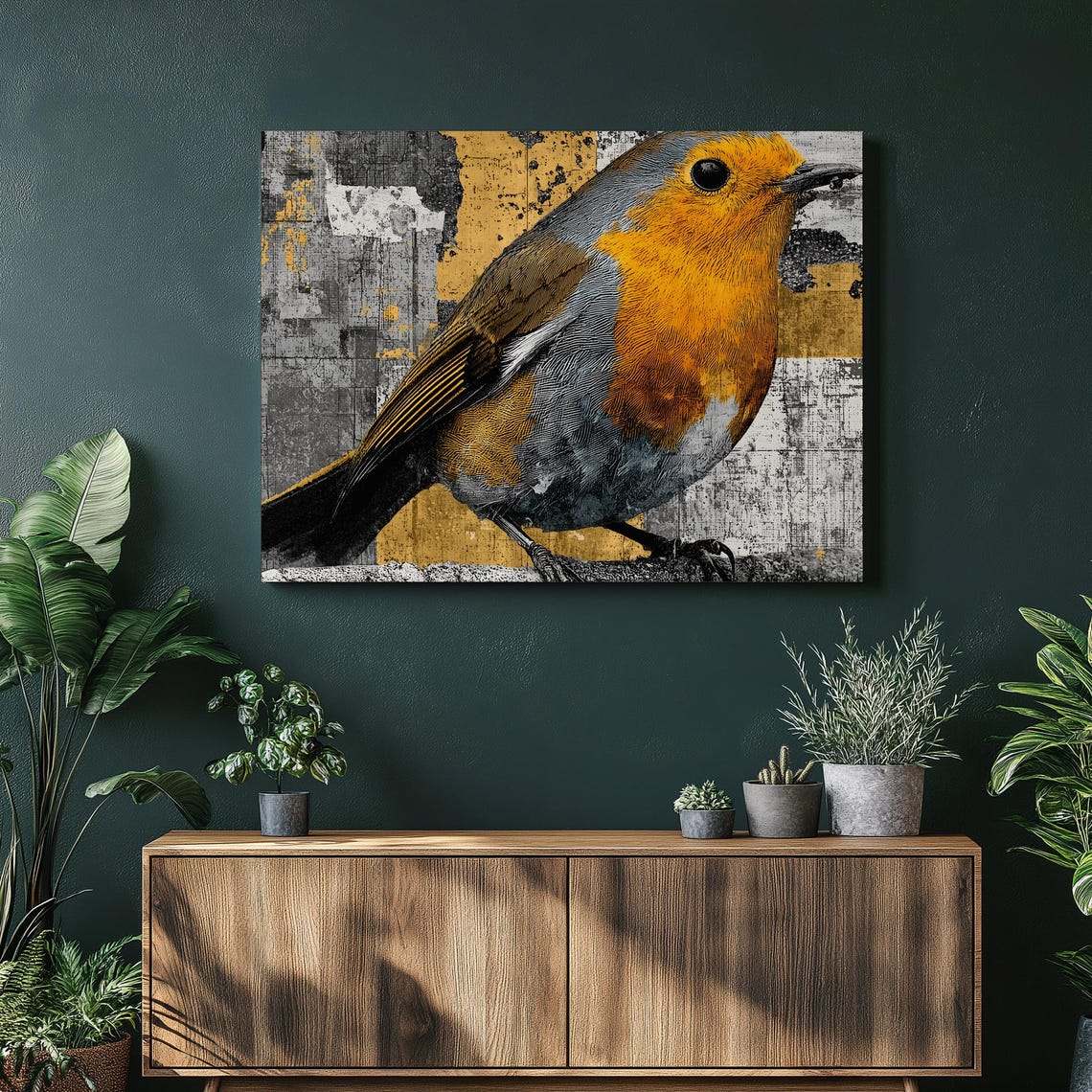 Modern Robin Bird Grunge Portrait Orange Rustic Nature Art Poster