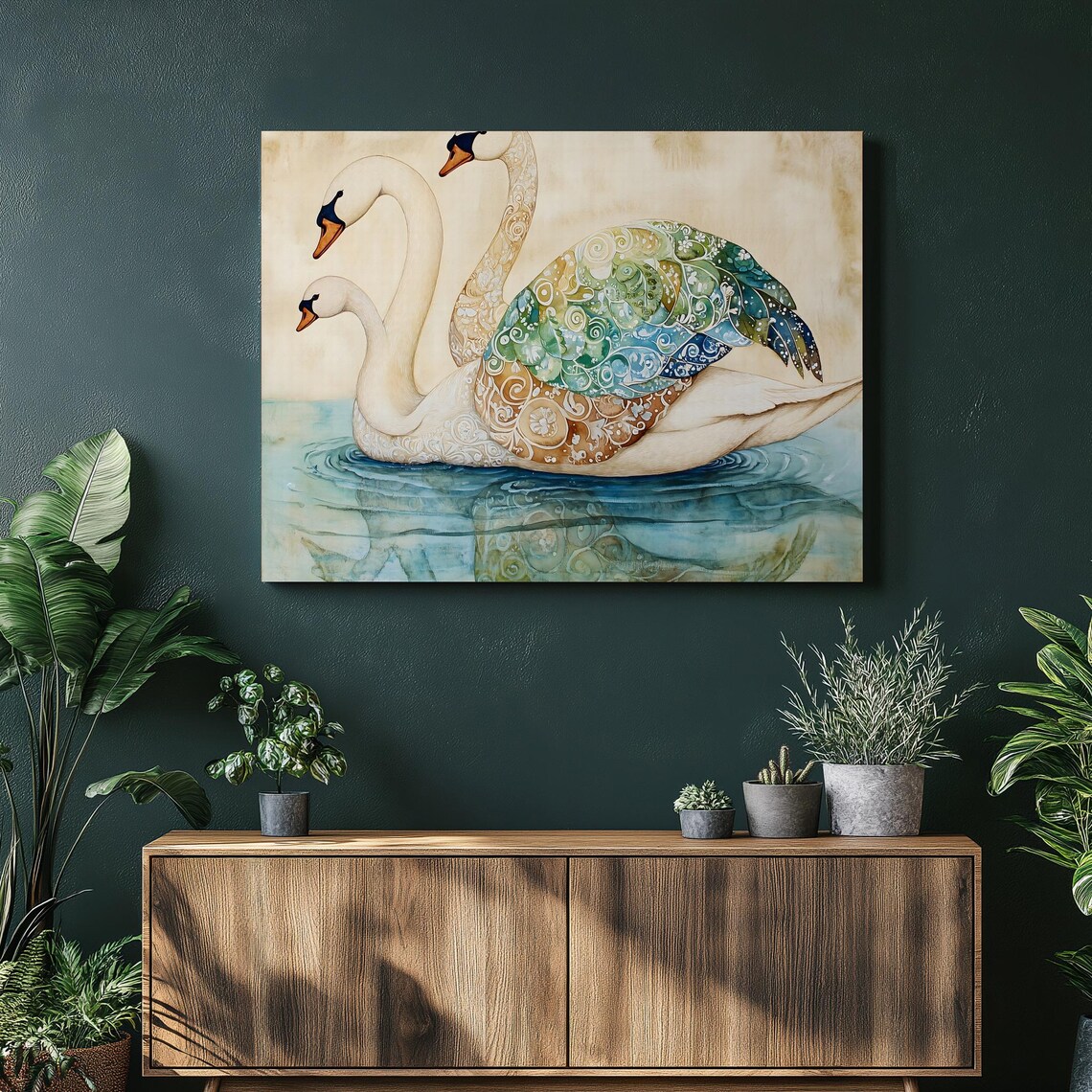 Ornate Swan Pair Watercolor Lake Decorative Elegant Art Print