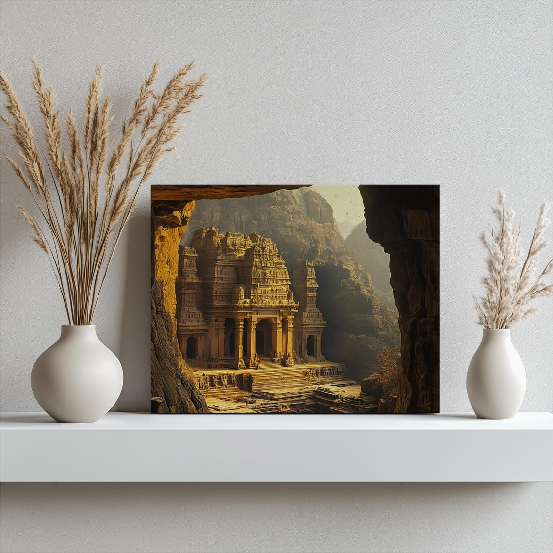 Ancient Rock Carved Indian Temple Golden Light Heritage Art Print