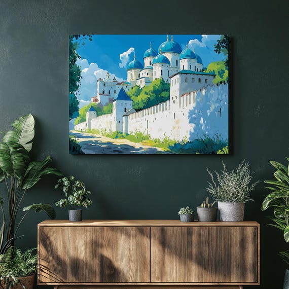 Russian Kremlin Canvas Wall Art Blue Domes Orthodox Cathedral Landscape Print Whitewashed Fortress Walls Travel Decor