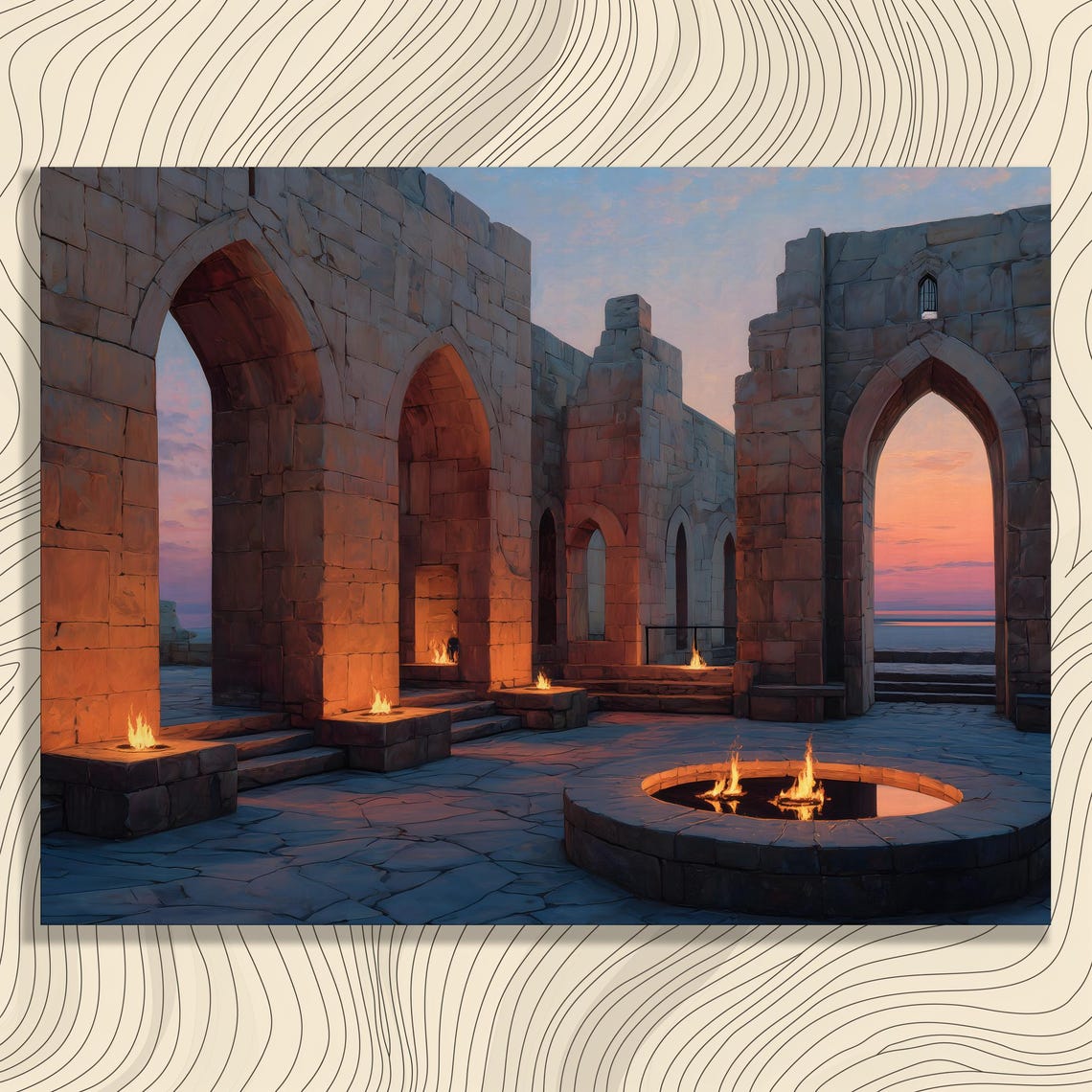 Ancient Stone Ruins Sunset Arches Fire Pit Moody Evening Scene Poster