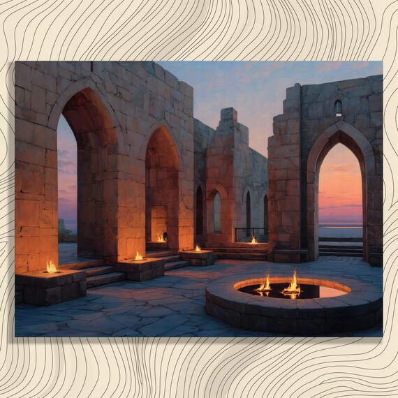 Ancient Stone Ruins Sunset Arches Fire Pit Moody Evening Scene Poster
