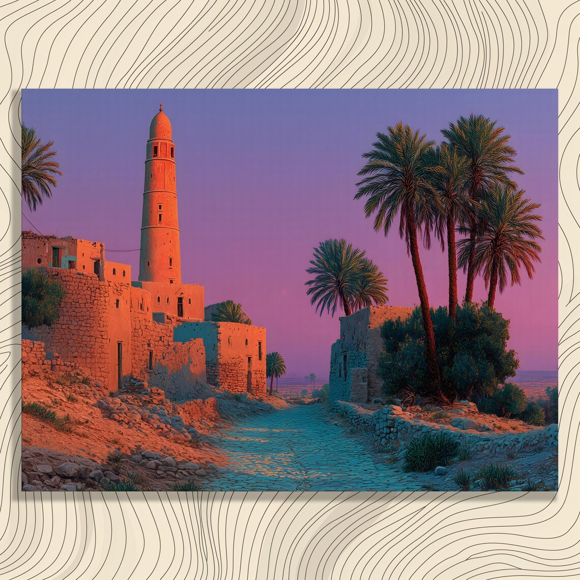Desert Village Sunset Minaret Palm Trees Purple Dusk Wall Art