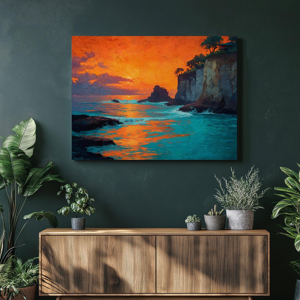 Vibrant Coastal Sunset Ocean Cliffs Turquoise Waves Wall Art