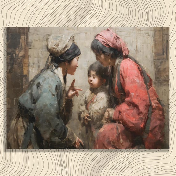 Mother And Child Canvas Wall Art Vintage Asian Family Portrait Rustic Oil Painting Print Nursery Gift Unique Decorative Decor