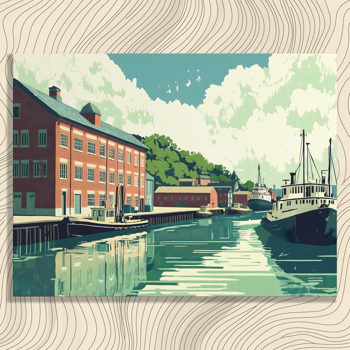 Vintage Harbor Boats Brick Warehouses Industrial Waterfront Poster