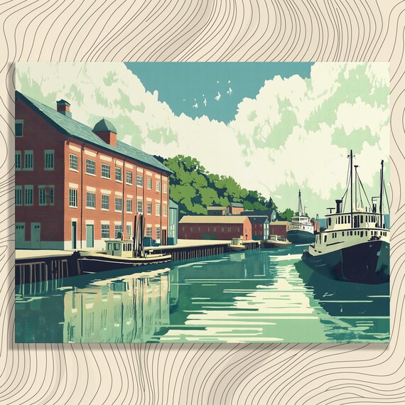 Vintage Harbor Boats Brick Warehouses Industrial Waterfront Poster
