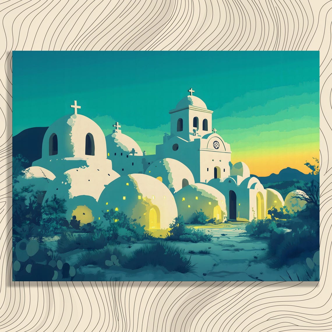 White Domed Church at Sunset Spanish Mission Architecture Poster