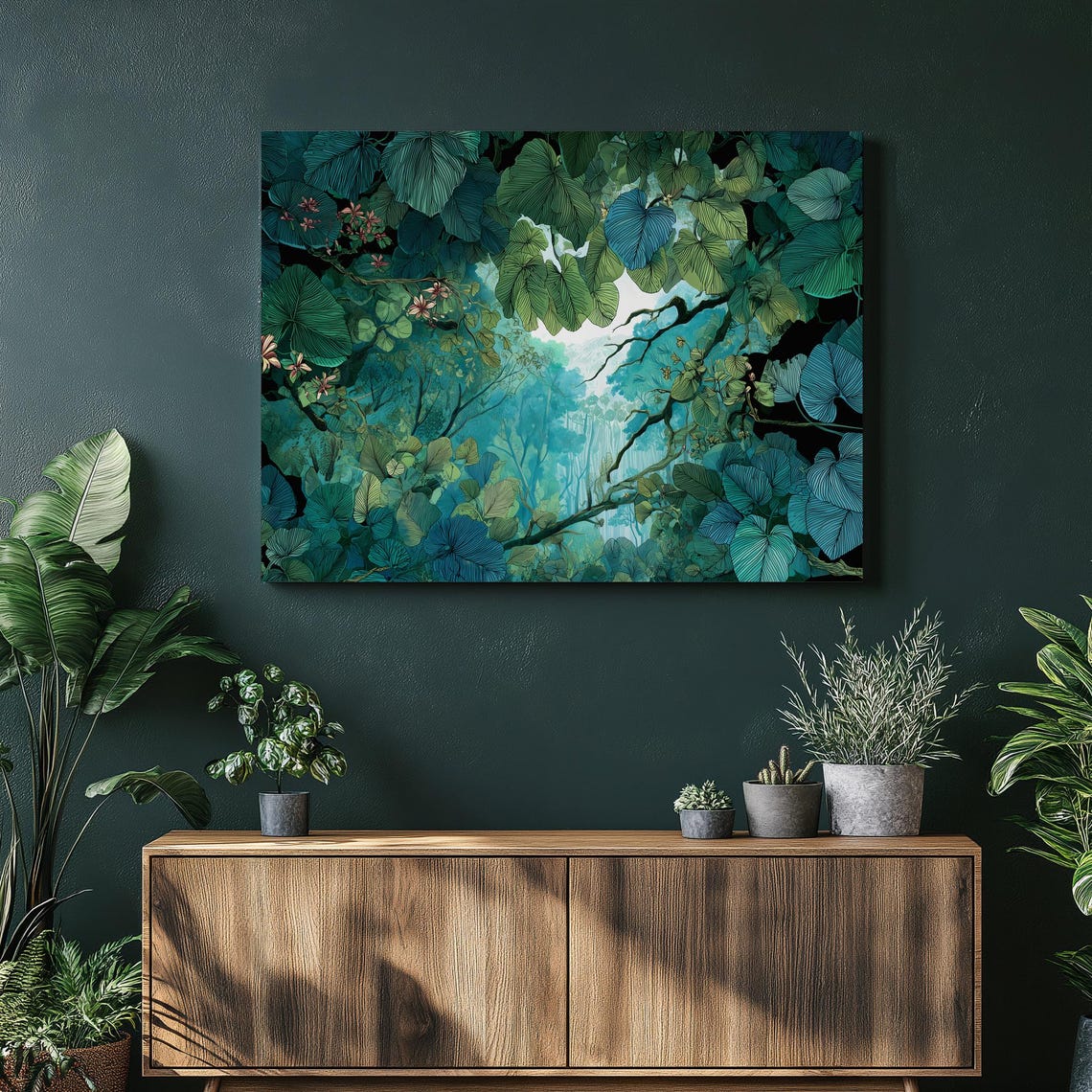 Tropical Waterfall Jungle Canvas Wall Art Lush Rainforest Print Botanical Decor Nature Green Leaves Painting Landscape Gift