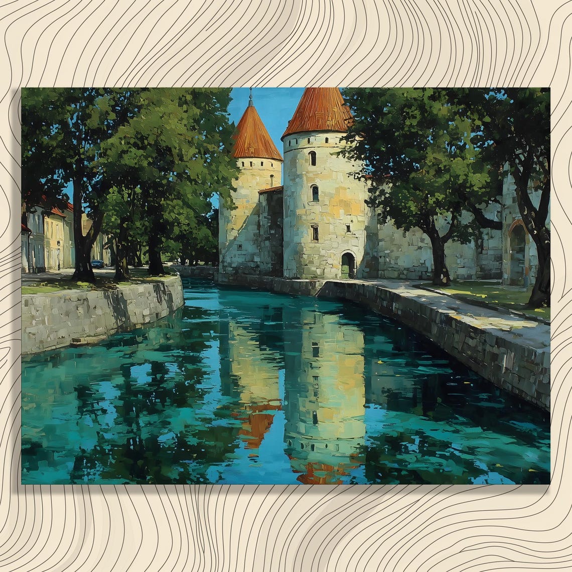 Medieval Castle Red Roofs Turquoise River Reflection Historic Wall Art