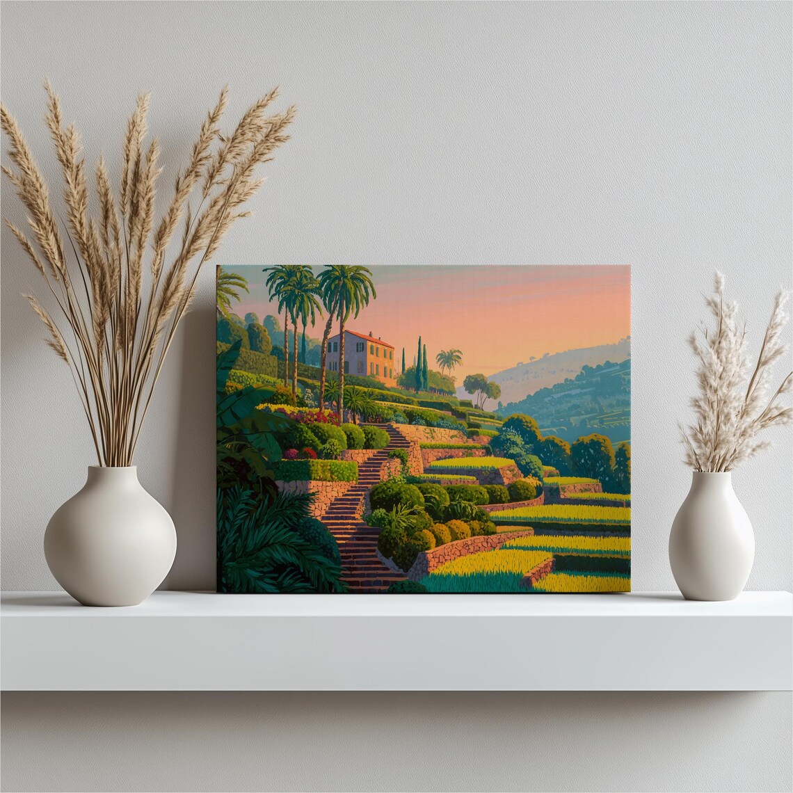 Italy Terrace Vineyard Sunset Palm Villa Hillside Countryside Art Poster