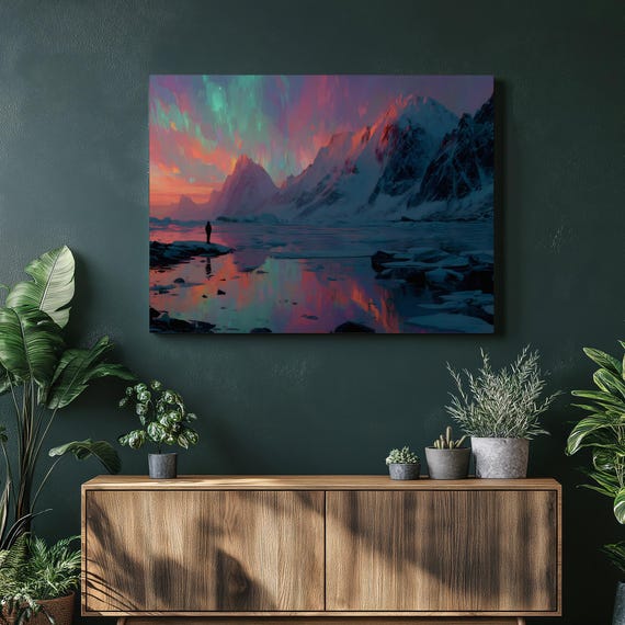 Aurora Borealis Canvas Wall Art Vibrant Mountain Lake Sunset Reflection Northern Lights Landscape Print Colorful Nature Decor Painting