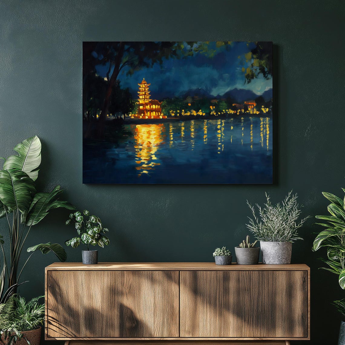 Illuminated Pagoda On Night Lake Golden Reflections Canvas Wall Art