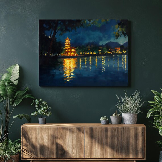 Pagoda Night Lake Canvas Wall Art Serene Blue Gold Landscape Print With Water Reflections Asian Inspired Zen Decor Bohemian Colorful