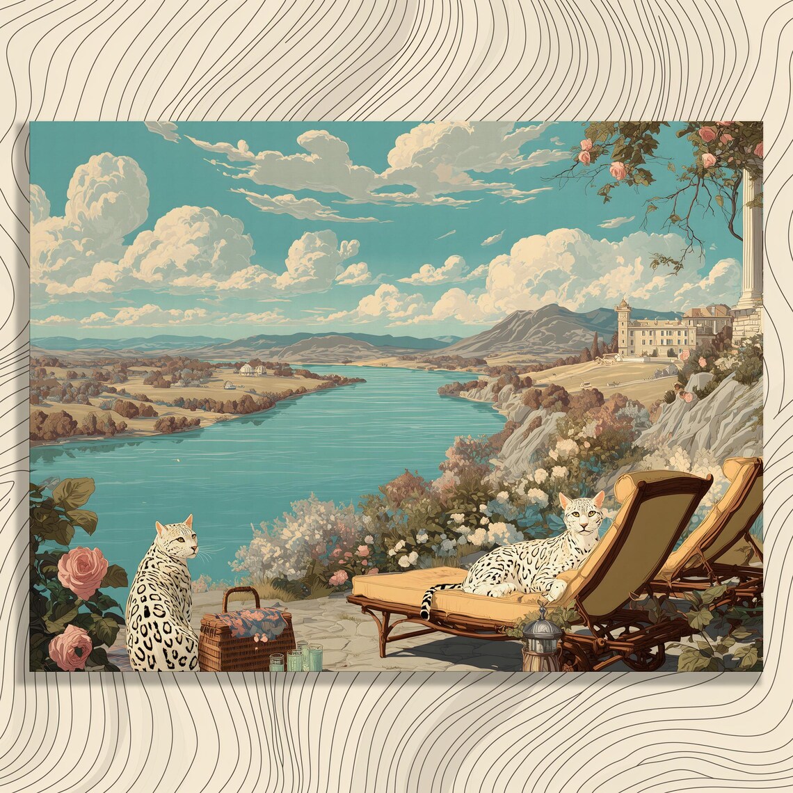 Leopard Cats Terrace Turquoise Lake Vintage Style Nature Poster