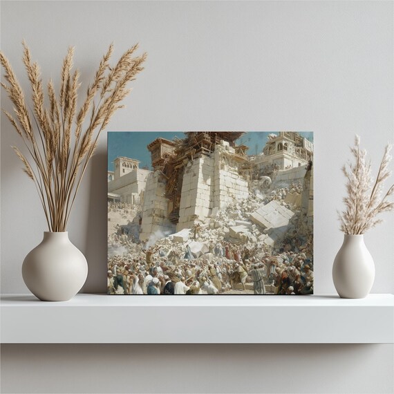 Ancient Temple Collapse Biblical Ruins Crowd Dramatic Oil Art Poster