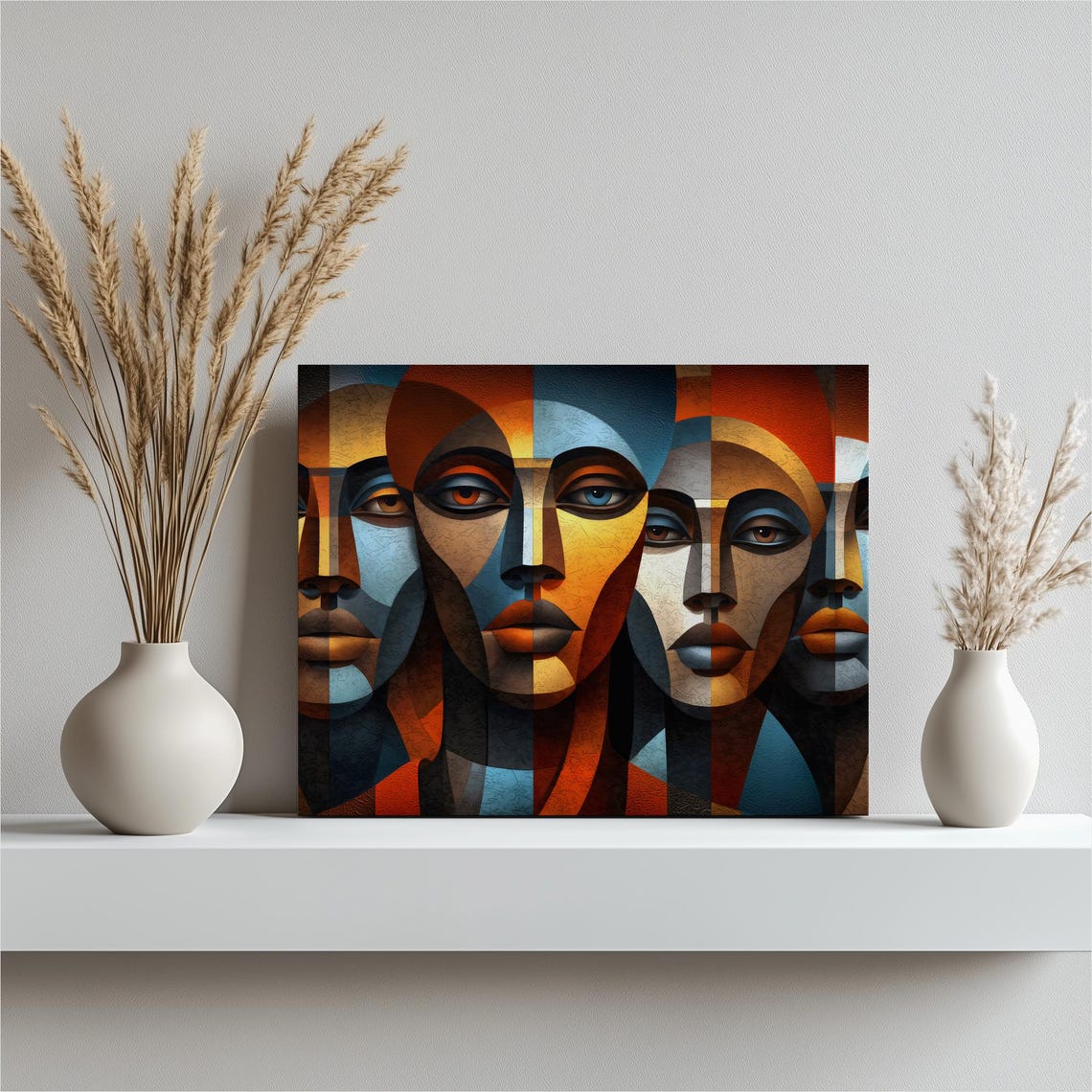 Cubist Geometric Faces Orange Blue Abstract Portrait Wall Art