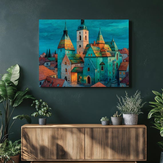 Gothic Castle Village Canvas Wall Art Medieval European Print Architecture Colorful Rooftops Lantern Pathway