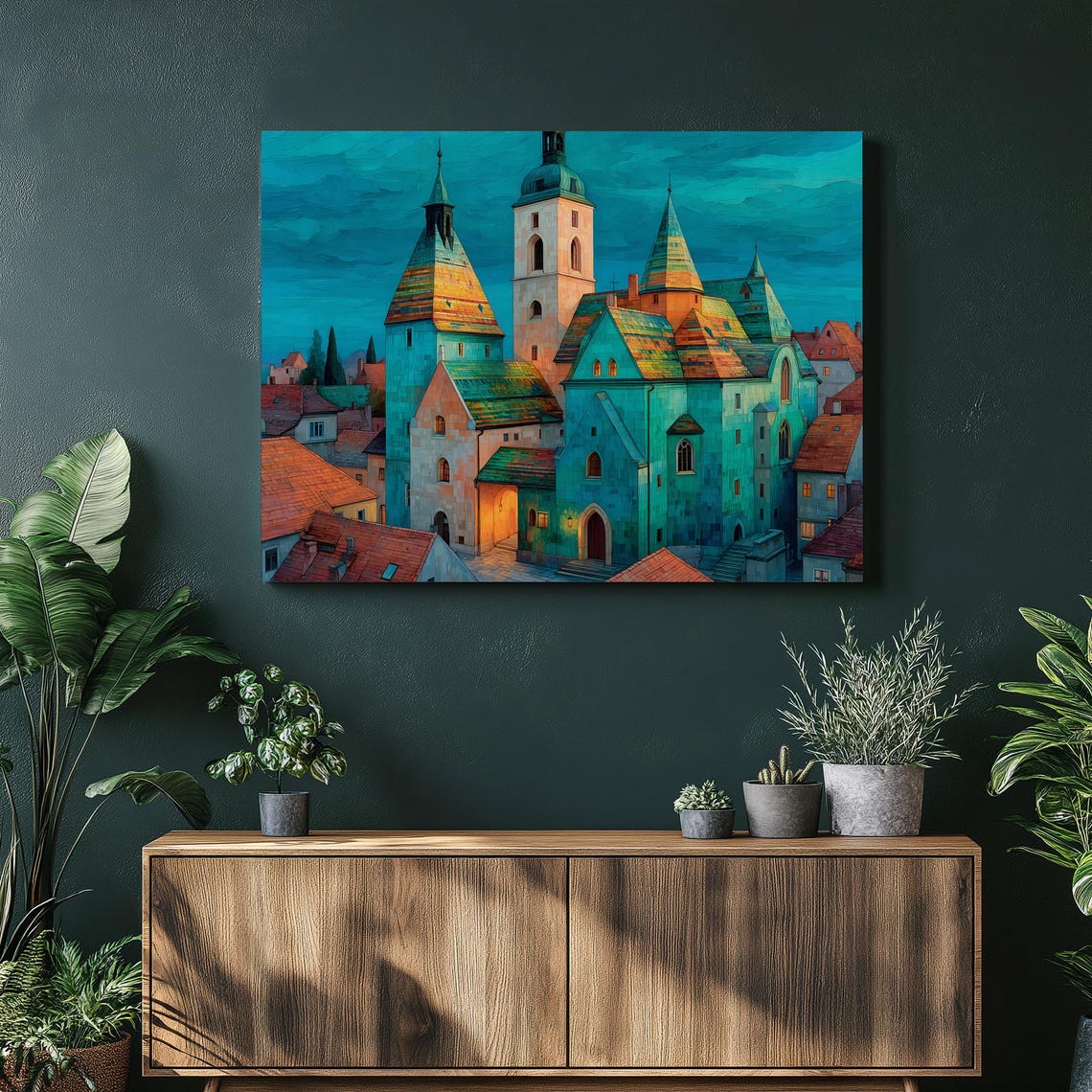 Gothic Castle Village Canvas Wall Art Medieval European Print Architecture Colorful Rooftops Lantern Pathway
