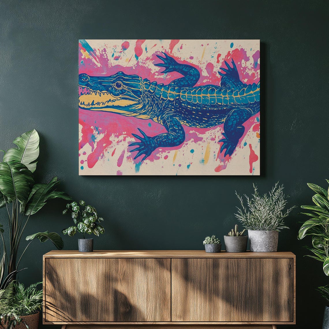 Pop Art Blue Crocodile on Pink Splash Background Wildlife Poster