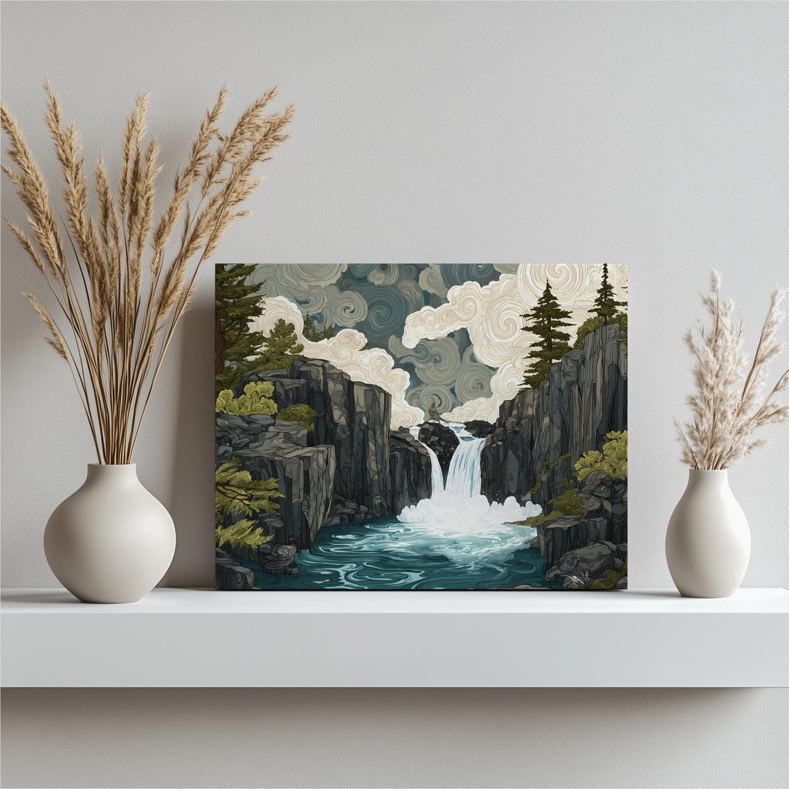 Waterfall Canyon Illustrated Landscape Stylized Cliffs Art Print
