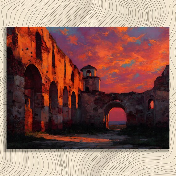 Ancient Brick Ruins Arches Under Fiery Red Glowing Sunset Poster
