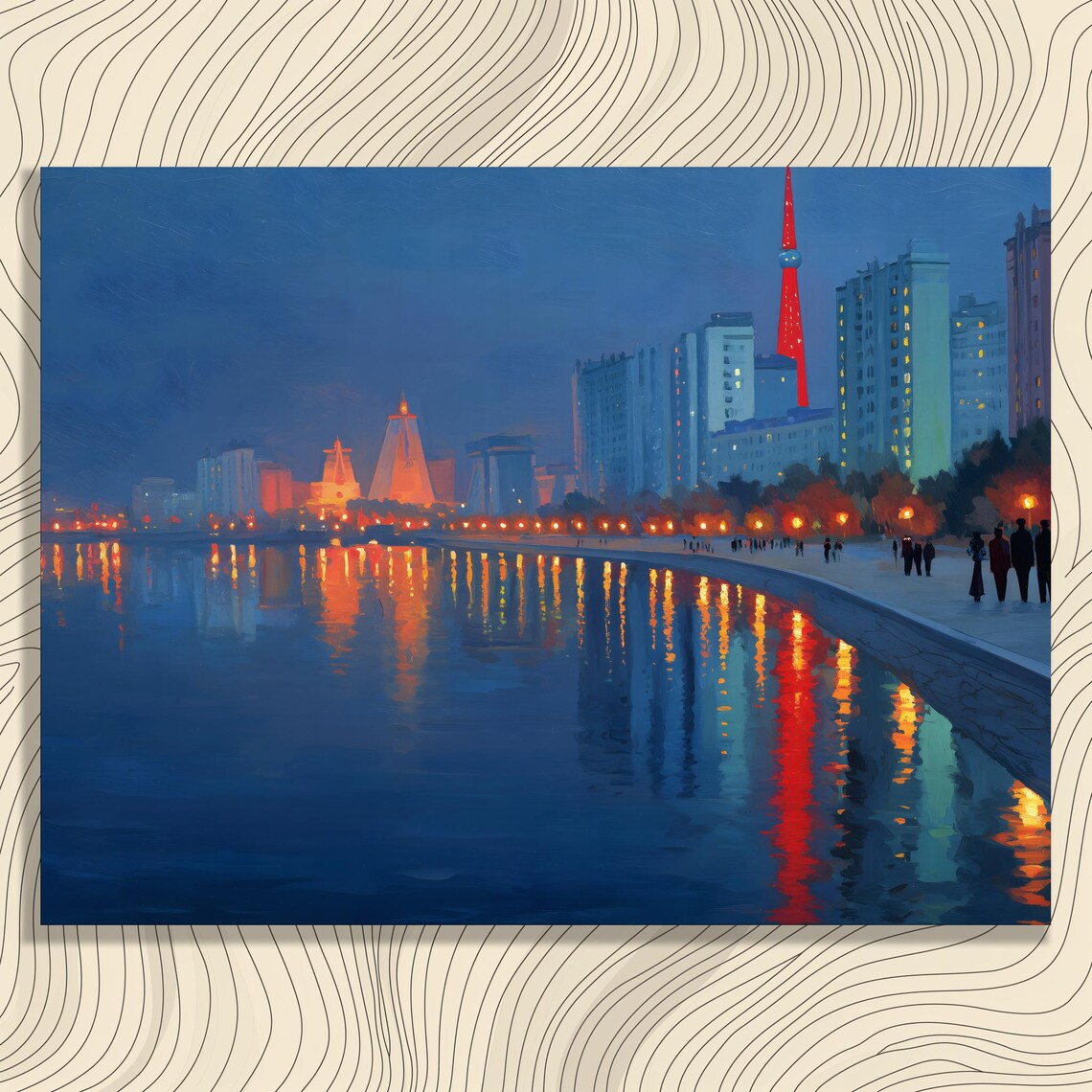 Urban City Skyline Canvas Wall Art Night Waterfront Reflections Modern Cityscape Print Riverfront Boardwalk Lights Painting Decor
