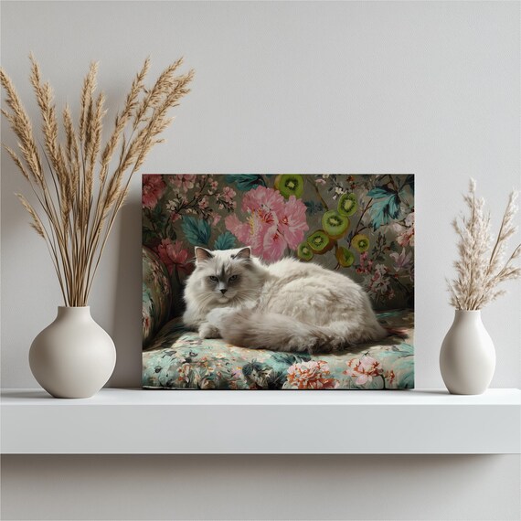Colorful Cat Botanical Canvas Wall Art Bohemian Floral Kitty Print Kiwi Fruit Wallpaper Vibrant Flower Pattern Modern Gallery Decor