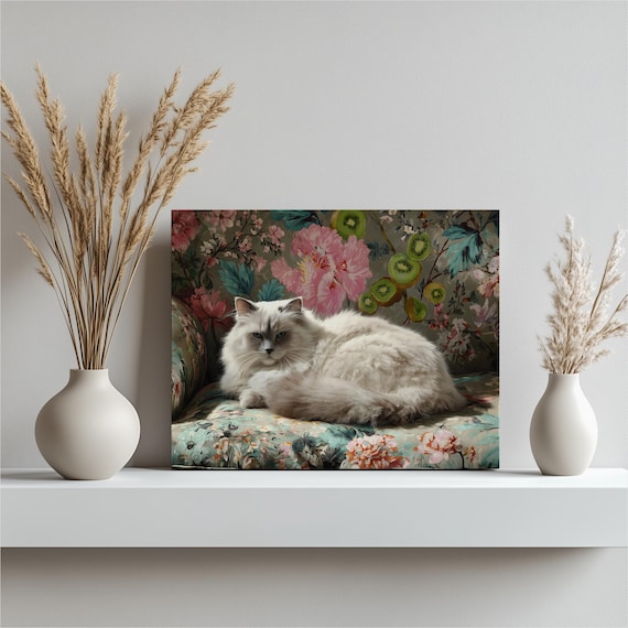 Fluffy White Cat Botanical Floral Sofa Kitty Lounging Wall Art