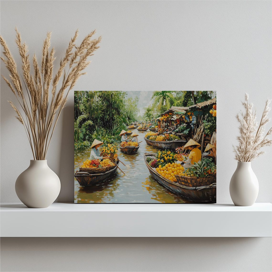 Tropical Vietnamese Floating Market Fruit Boats Painting Poster