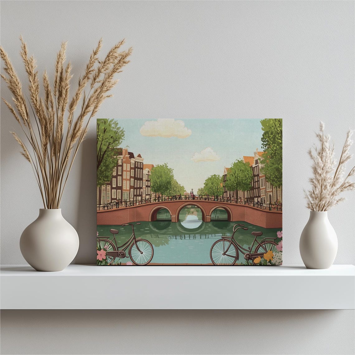 Amsterdam Canal Bridge Bicycles Charming Illustration Art Poster