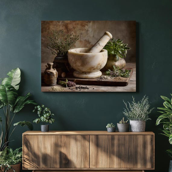 Marble Mortar Pestle Canvas Wall Art Rustic Kitchen Decor Print Still Life Herbs Illustration Culinary Botanical Design Stone
