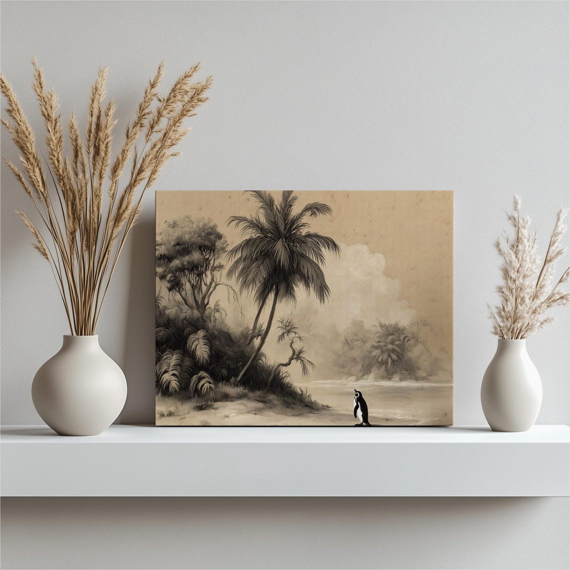 Penguin Tropical Beach Vintage Sepia Illustration Coastal Poster