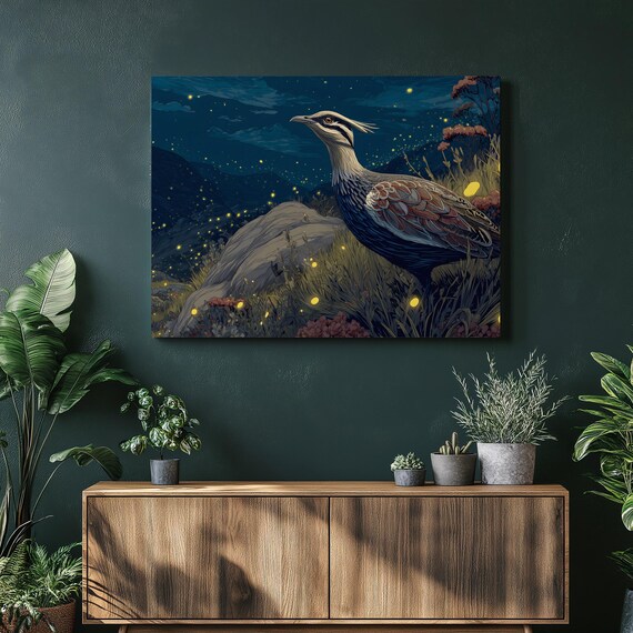 Bird And Fireflies Canvas Wall Art Night Sky Print With Rolling Hills Meadow Flowers Nature Illustration Moody Modern Landscape Wildlife