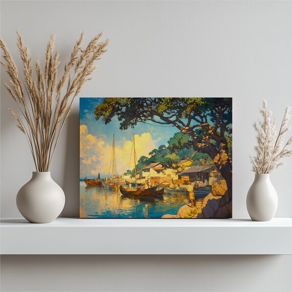 Tropical Fishing Harbor Golden Hour Sailboats Coastal Painting Poster