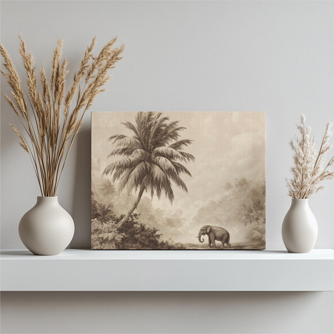 Vintage Elephant Palm Canvas Wall Art Print Tropical Jungle Scene Sepia Engraving Tree Artwork Rainforest Landscape