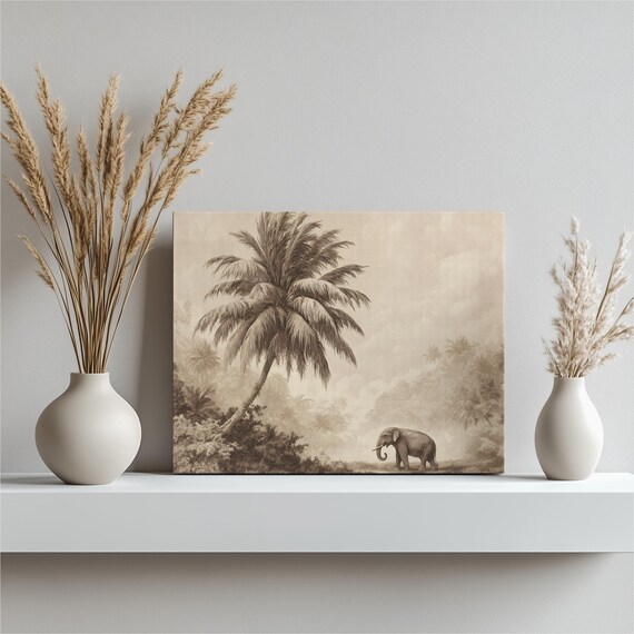 Vintage Elephant Palm Canvas Wall Art Print Tropical Jungle Scene Sepia Engraving Tree Artwork Rainforest Landscape