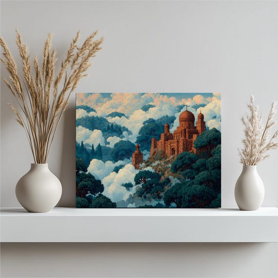Mystical Castle Canvas Wall Art Fantasy Print With Enchanted Landscape Cloudscape Forest Decor Surreal