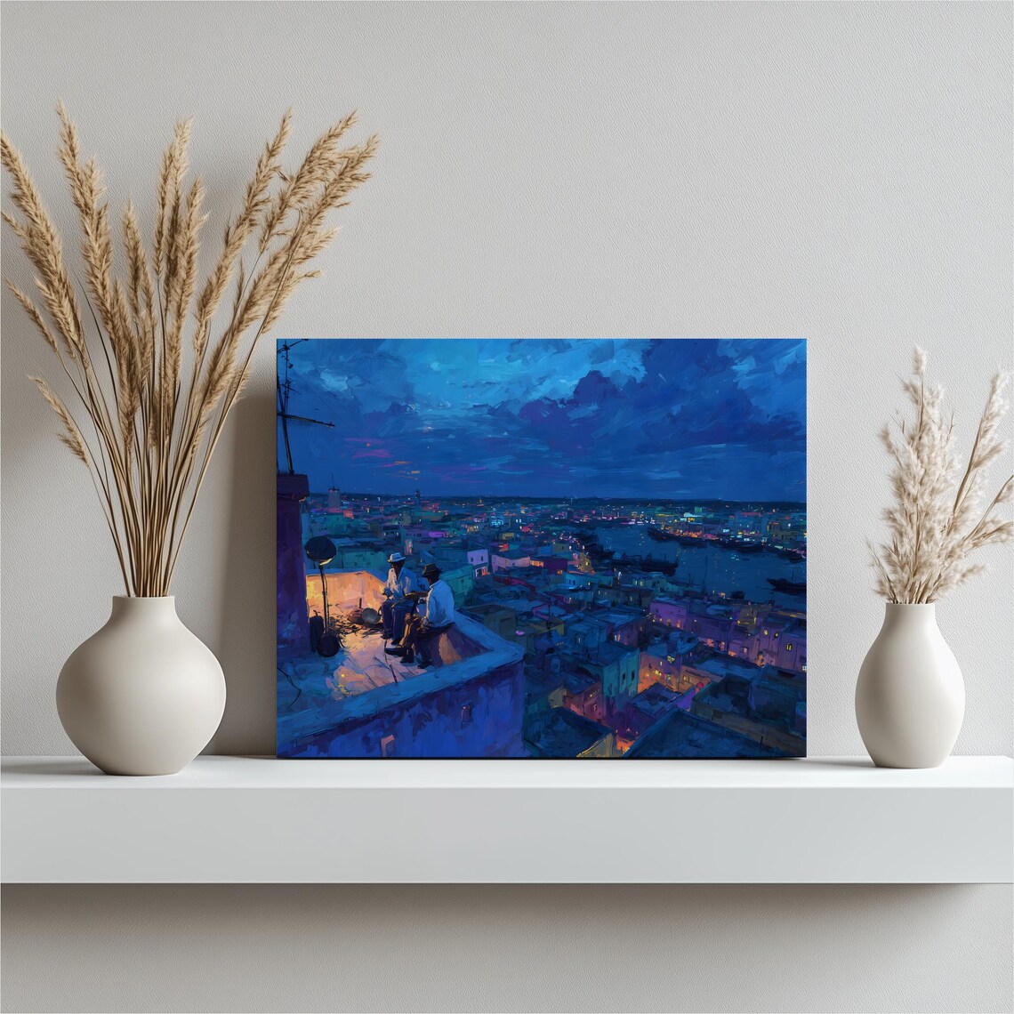 Rooftop Night City Harbor View Figures Blue Nocturne Painting Art Poster