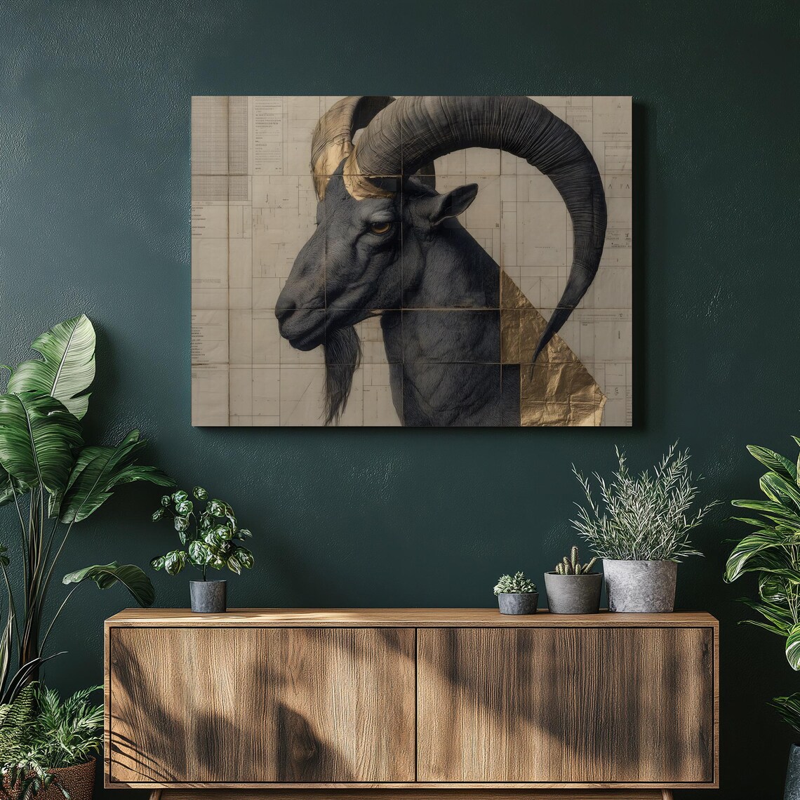 Black Ram With Curved Horns Collage Art Poster On Vintage Map Background
