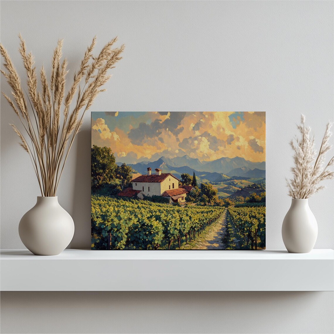 Vineyard Sunset Farmhouse Golden Hills Countryside Landscape Poster