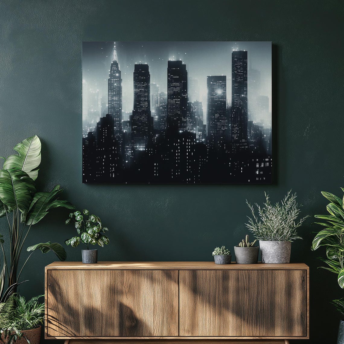 New York City Skyline Night Black And White Skyscraper Print
