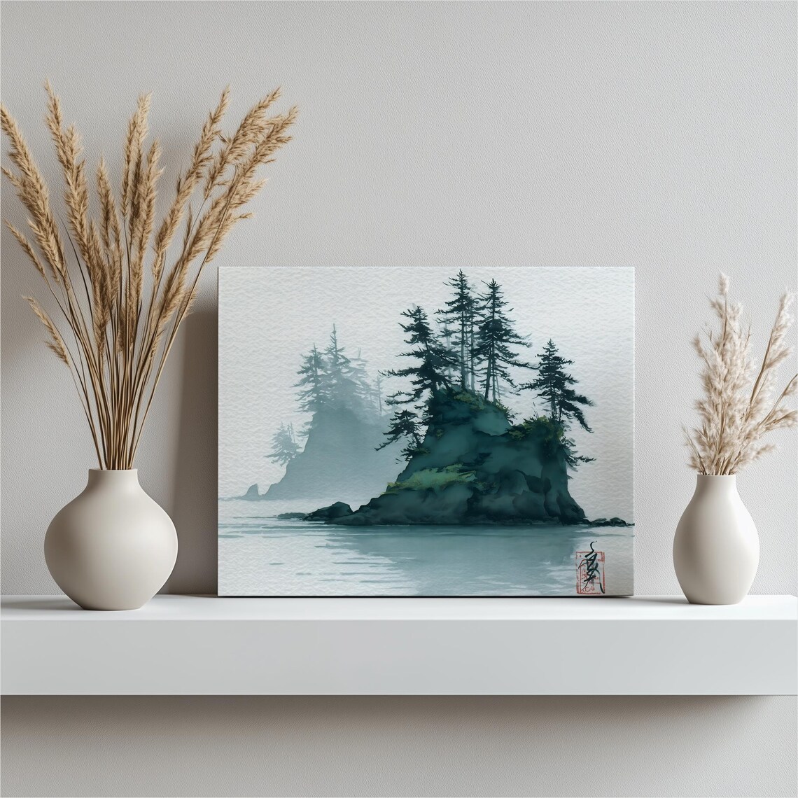 Misty Pine Island Ink Wash Watercolor Japanese Style Wall Print