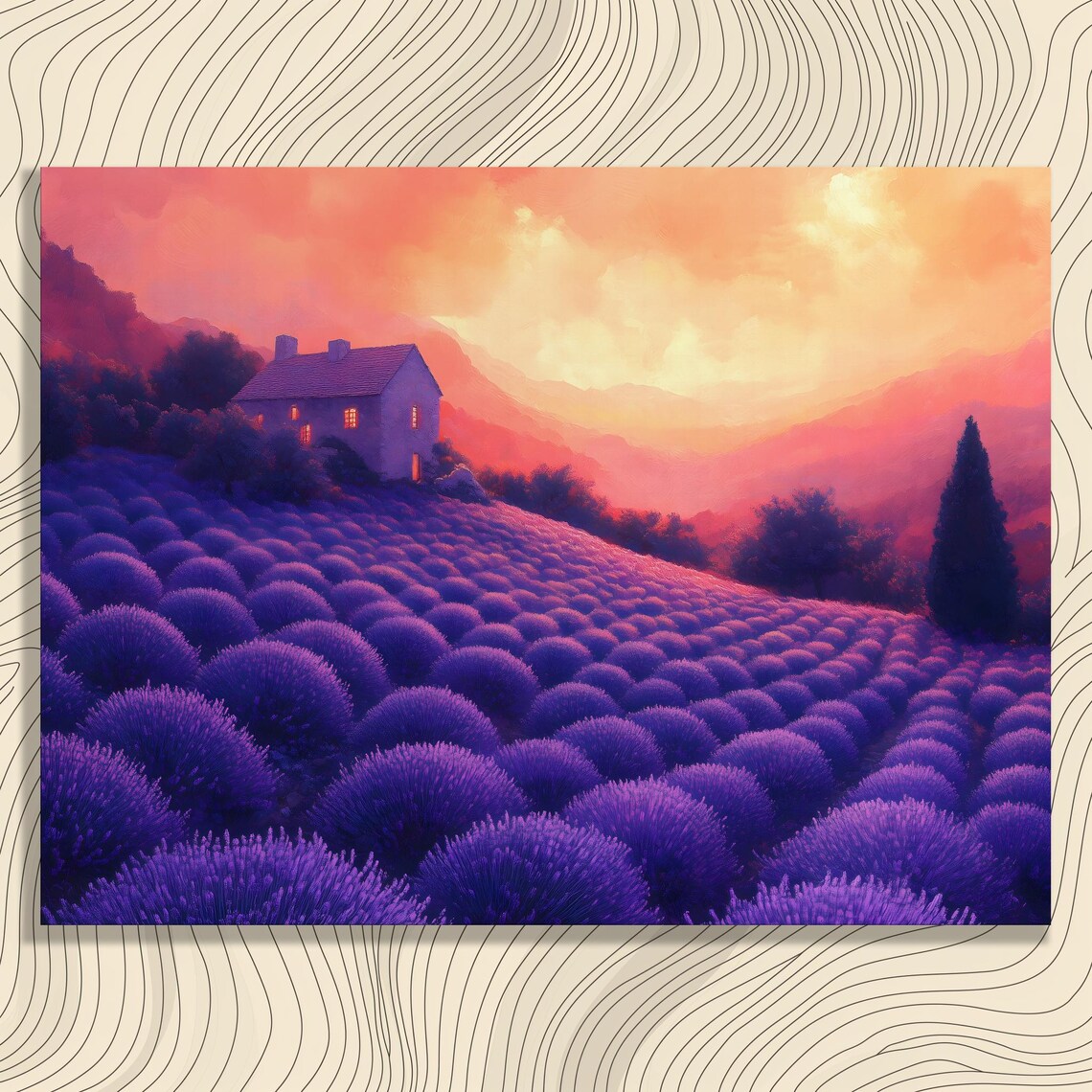 Lavender Field Farmhouse at Sunset Purple Bloom Countryside Print