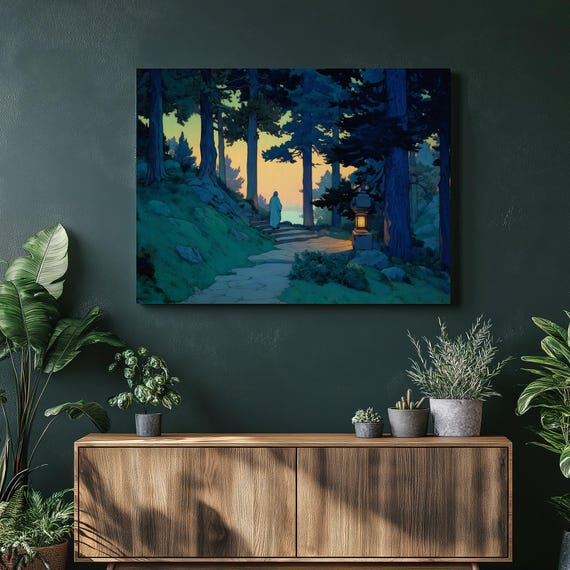 Tranquil Pine Forest Canvas Wall Art Colorful Twilight Sunset Scene With Glowing Stone Lantern Path And Lone Robed Figure Artwork