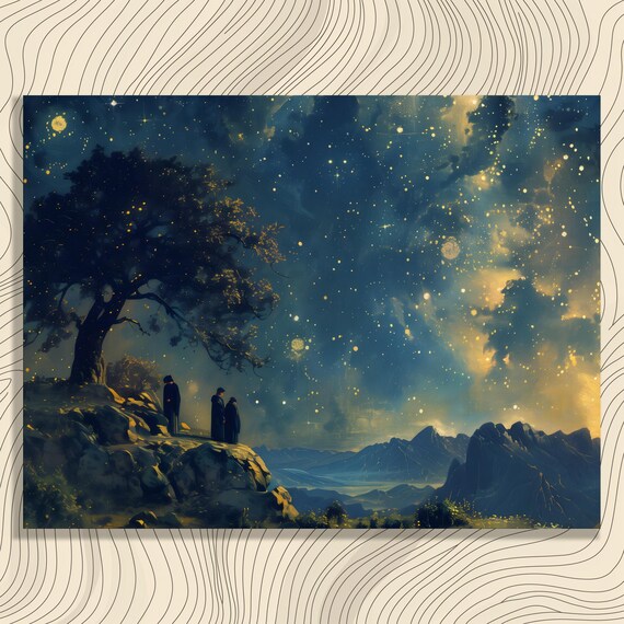 Starry Night Stargazers Canvas Wall Art Moonlit Landscape Under Oak Tree With Glowing Stars And Mountains Dreamy Celestial Sky