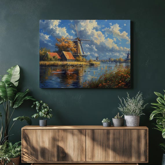Netherlands Canvas Wall Art Elegant Cityscape Illustration Fine Detail Artwork Dutch Windmills Amsterdam Nostalgic Oil Painting High